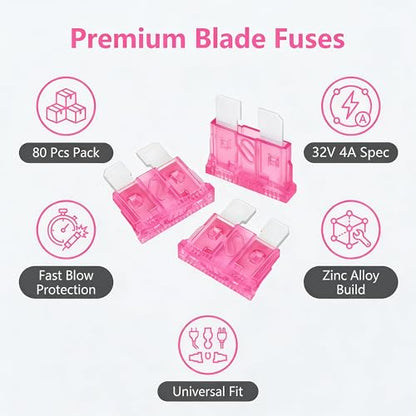 80Pcs) 4 Amp Standard Fuse, 4A Car Blade Fuses for Car/RV/Truck/SUV/Motorcycle/Boat (80 Count)