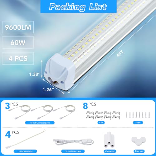 4PCS 4FT LED Shop Lights 60W 9600LM 6500K T8 V (10 Count)