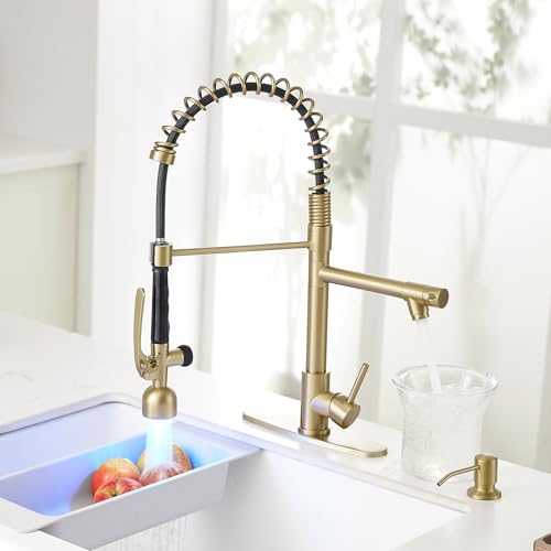 Commercial Kitchen Faucets with Pull Down Sprayer Brushed Gold LED