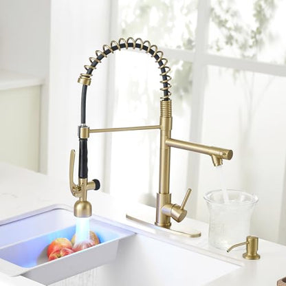 Commercial Kitchen Faucets with Pull Down Sprayer Brushed Gold LED
