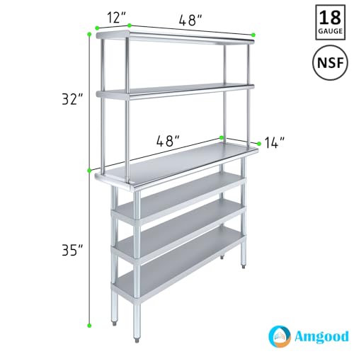 14" x 48" Stainless Steel Work Table with 3 Shelves and 12" Wide Double Tier Overshelf