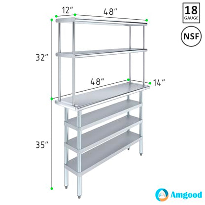 14" x 48" Stainless Steel Work Table with 3 Shelves and 12" Wide Double Tier Overshelf