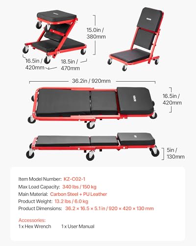 36 in 3-in-1 Folding Mechanic Creeper, Z-Creeper Garage Roller, 340 lbs Under Car Rolling Creeper with 6 Swivel Casters, Padded Headrest, Lay Down or Sit for Auto Repair