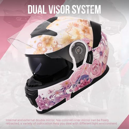 Pink Modular Motorcycle Helmets Full Face Flip up Street Bike Motorcycle Helmet for Unisex Adult Flower Sea