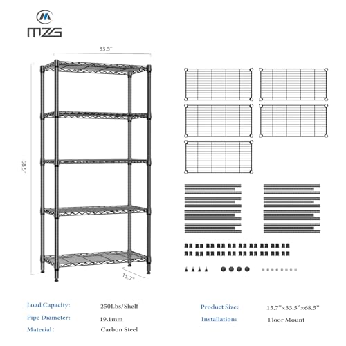 1250 lbs 5 Tier Shelf Metal Storage Shelves Shelving Wire Rack Heavy Duty Closet Organizers for Garage Kitchen Bathroom Laundry Black 15.7" D x 33.5" W x 68.5" H (5 Count)