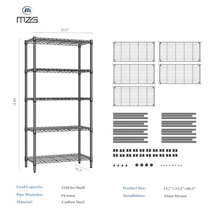 1250 lbs 5 Tier Shelf Metal Storage Shelves Shelving Wire Rack Heavy Duty Closet Organizers for Garage Kitchen Bathroom Laundry Black 15.7" D x 33.5" W x 68.5" H (5 Count)
