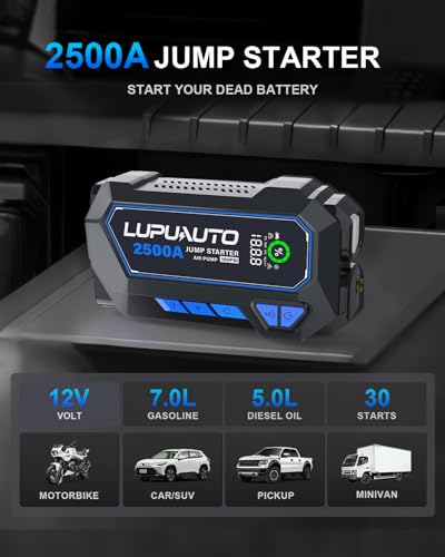 2500A Jump Starter with 150PSI Air Compressor 12V Battery Box Jumper Pack