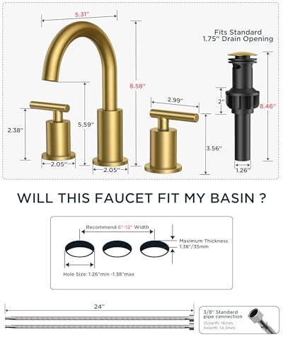 Bathroom Sink Faucet 3 Hole Brushed Gold 8 Inch Widespread