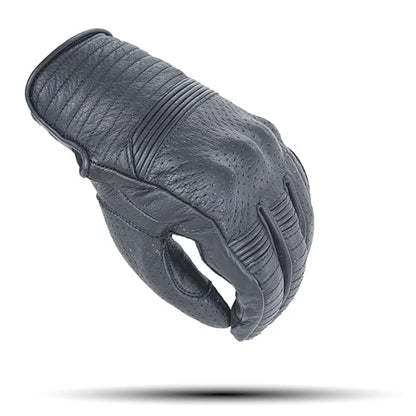 Leather Motorcycle Gloves for Men with Light Tricot Inner Lining Bike Riding Gloves with Fingers and Knuckle Padding with Adjustable Magic Tape Fastener