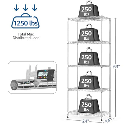 1250 lbs 5 Tier Shelf Metal Storage Shelves Wire Rack Closet Organizers with Wheel for Garage Kitchen Bathroom Laundry Chrome 13.7" D x 23.6" W x 62.4" H (5 Count)