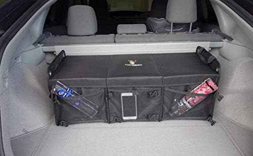 Tuff Viking Convertible Large 3 Compartment SUV Trunk Organizer | Truck Bed Organizer with Cover for Trucks, Cars, SUVs and Groceries. PATENTED (4-in-1 with Cover, Black)