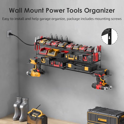 Large Garage Tools Storage with Charging Station. Power Tool Battery Organizer Utility Shelf with Power Strip. 4 Drills Holder Wall Mount Rack (11.5 Count)