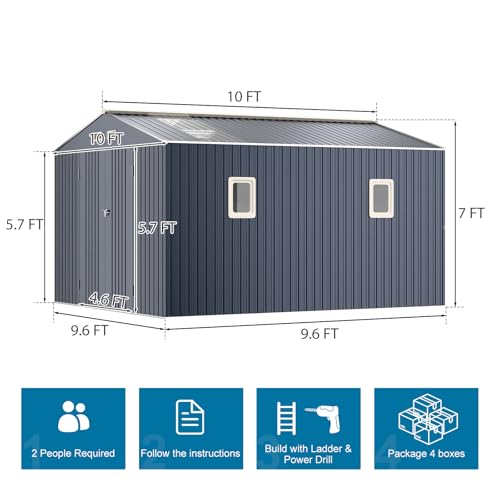 10x10 FT Metal Outdoor Storage Shed with Unique Base Sunroof Window Lockable Double Door Vent Heavy Duty Reinforced Frame Waterproof Sheds for Garden Large Lawnmower Tool