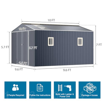 10x10 FT Metal Outdoor Storage Shed with Unique Base Sunroof Window Lockable Double Door Vent Heavy Duty Reinforced Frame Waterproof Sheds for Garden Large Lawnmower Tool