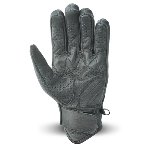 Leather Motorcycle Gloves for Men with reinforcements on Knuckles and Fingers 100% Perforated Calf Leather Riding Gloves with Magic Tape Wrist Closure