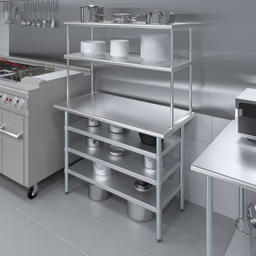 24" x 48 Stainless Steel Work Table with 3 Shelves and 18" Wide Double Tier Overshelf