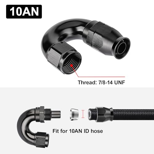 10AN 180 Degree PTFE One Piece Full Flow End Hose Fitting Aluminum Black
