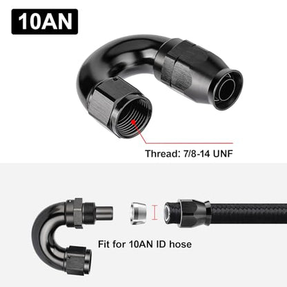 10AN 180 Degree PTFE One Piece Full Flow End Hose Fitting Aluminum Black