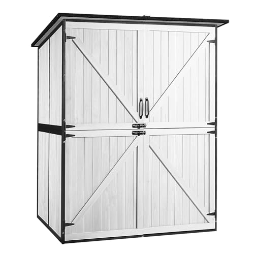 Outdoor Storage Cabinet Durable Metal Frame and Solid Wood Vertical Tool Shed with 3 Adjustable Height Shelves and Bottom Floor for Patio