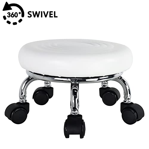 Modern Roller Seat PU Leather Foot Stool Low Round Rolling Stool 360° Step Stool Swivel Small Seat with Universal Wheels for Home Office Garage Shop Fitness Sport H：8.4" （White）