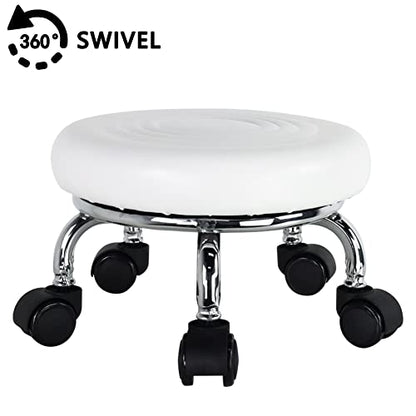 Modern Roller Seat PU Leather Foot Stool Low Round Rolling Stool 360° Step Stool Swivel Small Seat with Universal Wheels for Home Office Garage Shop Fitness Sport H：8.4" （White）