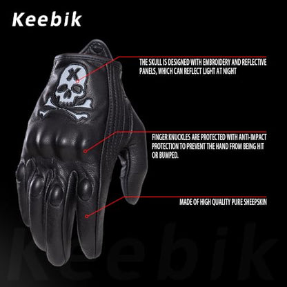 Goatskin Leather Motorcycle Motorbike Powersports Racing Gloves Reflective Skull Touchscreen for Men and Women Model