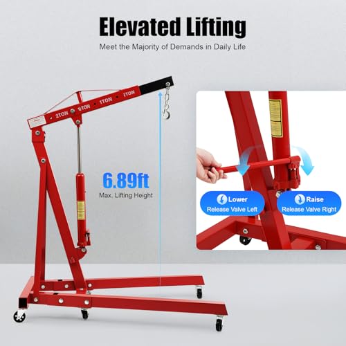 Folding Engine Hoist 1 Ton Engine Crane Lift with 6 Caster Wheels 2200LBS Steel Hydraulic Engine Crane 4 Adjustable Positions for Car Fixing Workshops Garages Warehouse