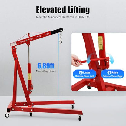 Folding Engine Hoist 1 Ton Engine Crane Lift with 6 Caster Wheels 2200LBS Steel Hydraulic Engine Crane 4 Adjustable Positions for Car Fixing Workshops Garages Warehouse