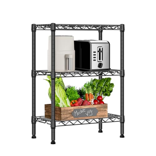 750 lbs 3 Tier Shelf Metal Storage Shelves Wire Rack Closet Organizers with PP Board for Garage Kitchen Bathroom Laundry Black 11.8" D x 21.7" W x 28.6" H (3 Count)