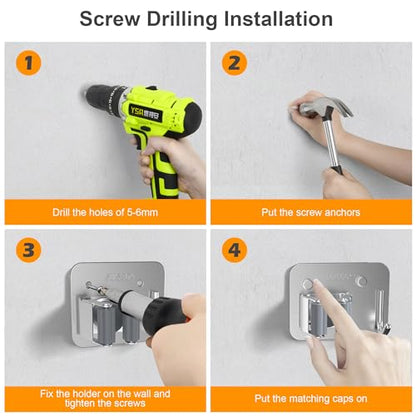 4 Pack Stainless Steel Heavy Duty Broom Holder Wall Mount with Hook (4 Count)