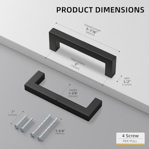10 Pack Black Square Bar Cabinet Pull Drawer Handle Stainless Steel Modern Hardware for Kitchen Bathroom Cabinets Cupboard (10 Count)