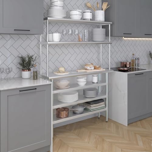 14" x 48" Stainless Steel Work Table with 3 Shelves and 12" Wide Double Tier Overshelf