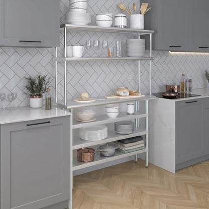 14" x 48" Stainless Steel Work Table with 3 Shelves and 12" Wide Double Tier Overshelf
