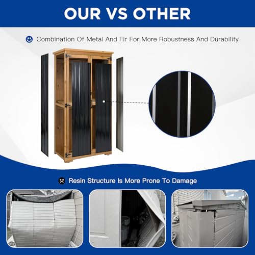 Outdoor Storage Cabinet Wood & Metal with Waterproof Roof
