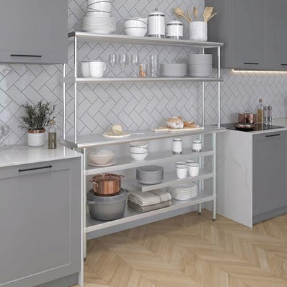 14" x 60" Stainless Steel Work Table with 3 Shelves and 12" Wide Double Tier Overshelf
