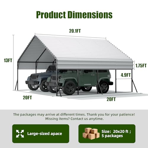 Metal Carport 20x20 ft Heavy Duty Car Port Outdoor Canopy Steel Roof with Reinforced Frame All