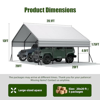 Metal Carport 20x20 ft Heavy Duty Car Port Outdoor Canopy Steel Roof with Reinforced Frame All
