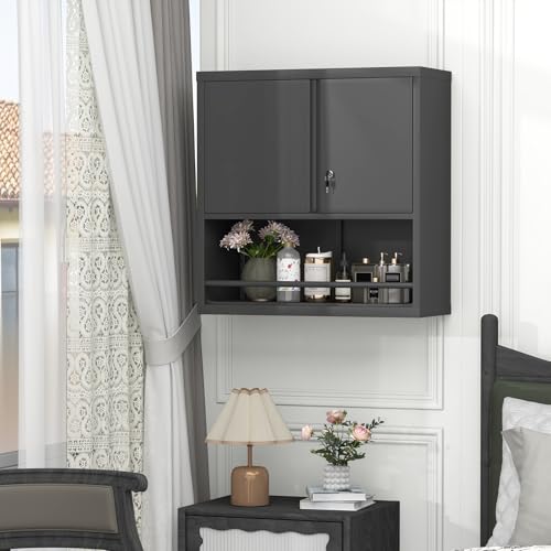 Locking Metal Garage Wall Cabinet with Doors and Shelf