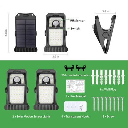 45LEDs Solar Lights Outdoor Clip Motion Sensor Lights 3 Modes 3 Mounting Ways IP65 Waterproof Security Light for Chain Link Fence Camping Gate (2 Count)