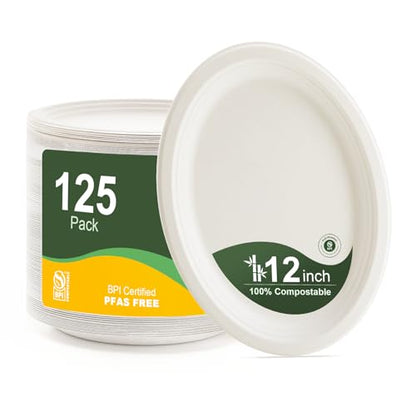 100% Compostable Oval Paper Plates 12 Inch (125 Count)