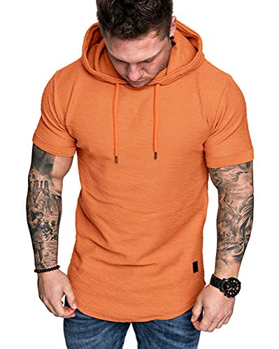 Mens Fashion Hoodies Sport Pullover Solid Color Shirt Workout Lightweight Tops Orange XX