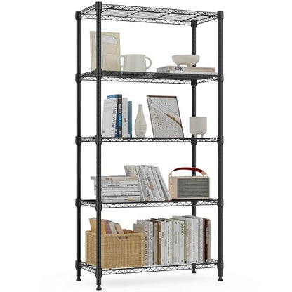 1250 lbs 5 Tier Shelf Metal Storage Shelves Wire Rack Closet Organizers for Garage Kitchen Bathroom Laundry Black 11.8" D x 29.5" W x 59.5" H (5 Count)