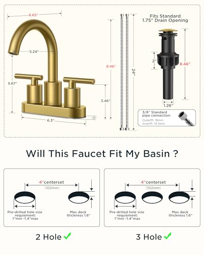 Bathroom Sink Faucet 3 Hole Brushed Gold 4 Inch Centerset