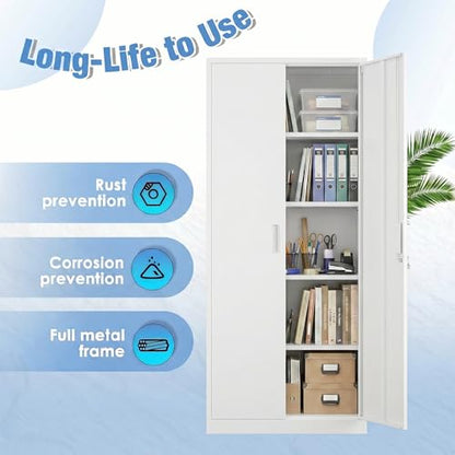 71 Inch White Metal Storage Cabinet with Locking Doors