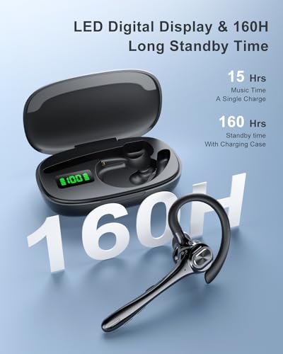 Bluetooth Headset Wireless Earpiece Earbuds with Noise Canceling Microphone 160H Standby Time Hands Free Headphones Single Ear Earphones for IOS Android Samsung Cell Phones Business Home Office Gaming