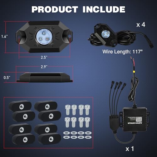 RGB LED Rock Lights Kit 4PCS Bluetooth App Control Multicolor (4 Count)