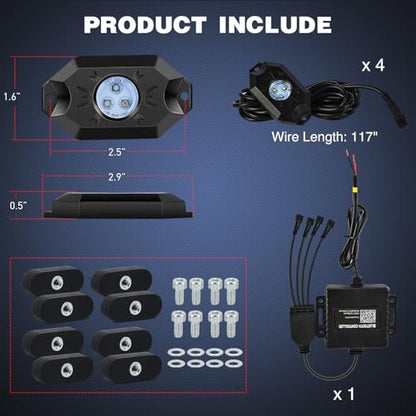 RGB LED Rock Lights Kit 4PCS Bluetooth App Control Multicolor (4 Count)