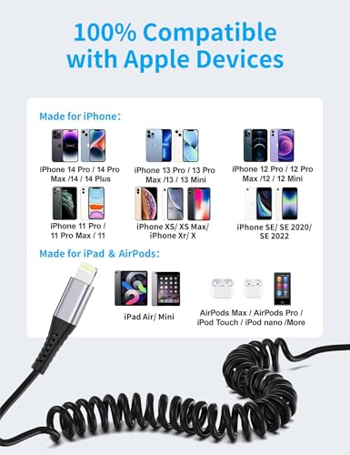 Coiled USB to Lightning Cable 3FT for Car