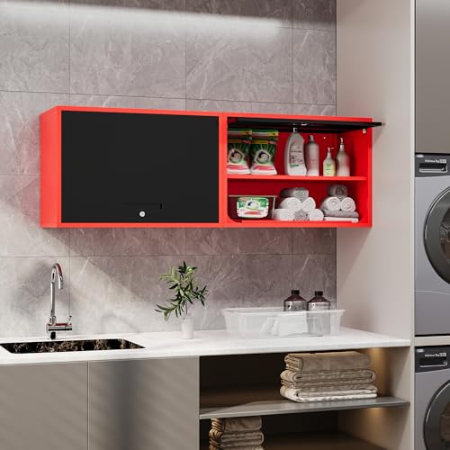 Metal Storage Cabinet Black Red Wall Cabinets with Shelf and Locking Door