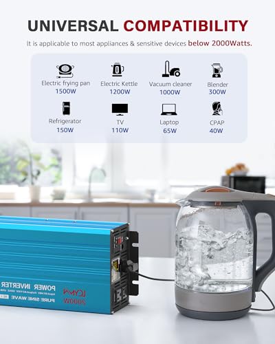 2000 Watt Inverter Pure Sine Wave DC 12V to 110V AC Power Inverters with 3 AC Charger Outlets